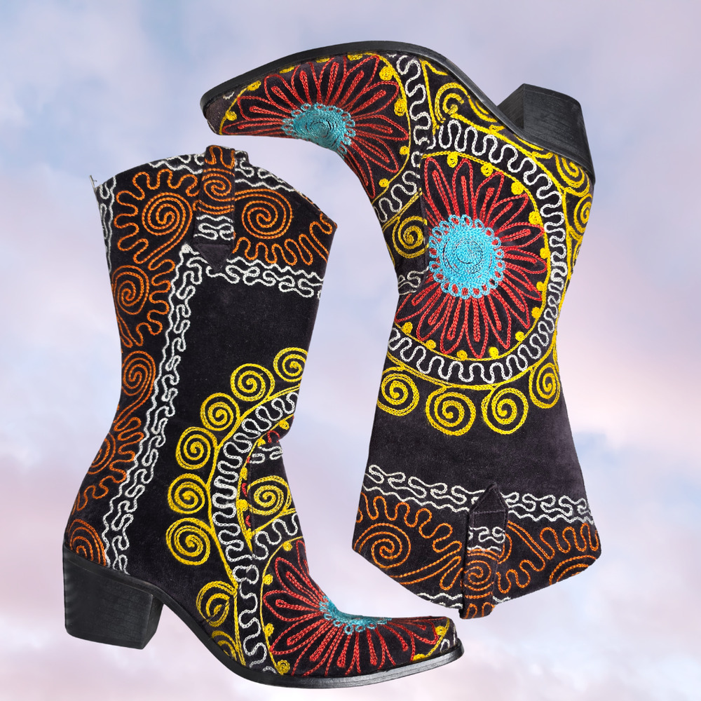Velvet Road Black Colorful Pink Blue Yellow Floral Embroidered Western Boho Boot - Picture 3 of 9
